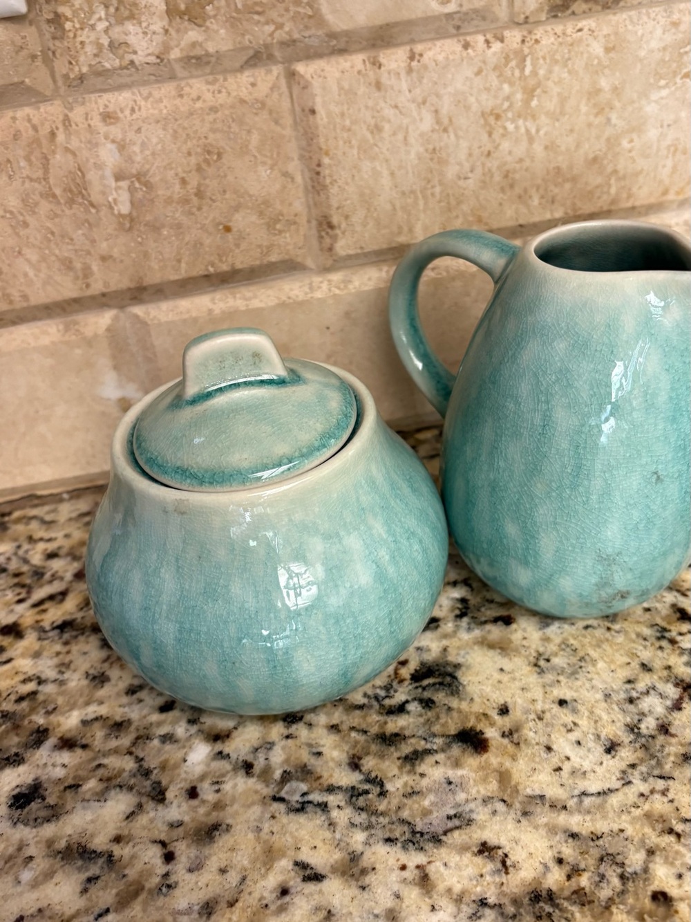 Glazed Turquoise Ceramic Sugar Jar and Creamer Set